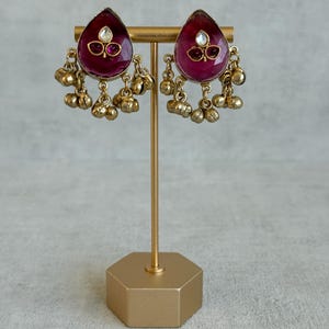 Ayura Designs Aykai Earrings – Ruby Pink Teardrop Kundan Stud Earrings, Indian Pakistani Gold Ghungroo Statement Earrings