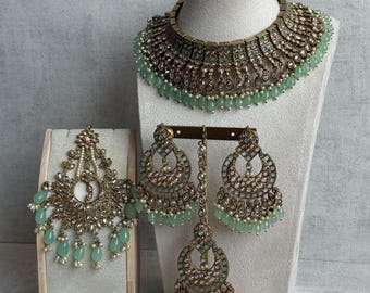 Ayura Designs Sajda Indian Jewelry Set, Kundan Necklace, Earrings, Maang Tikka, Bollywood Style, Mint Green Bridal Jewelry