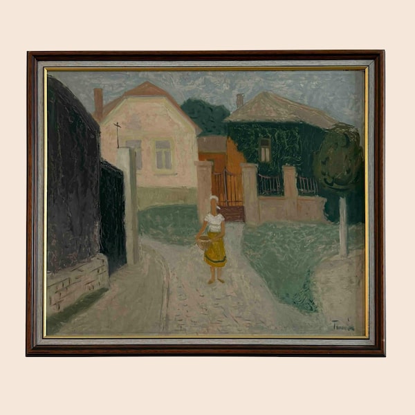 Mid-Century Hungarian Signed Oil Painting - "Tokaj Houses" by Tamás Ervin (1922-1996)