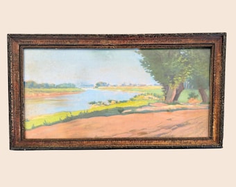 Vintage pastelkleurige landschapsschilderij: scène met rivier de Tisza door Kornél Podhorszk - gedateerd 1929 in originele gesneden houten lijst