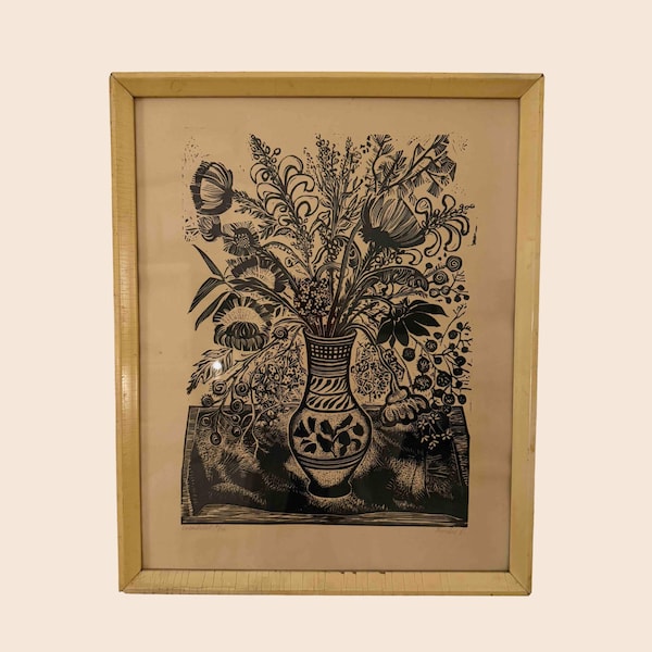 Vintage Hungarian Linocut - "Bouquet in Vase" by Ferenc Bordás (1911–1982), Framed, Signed
