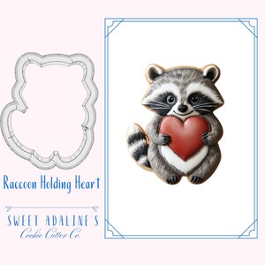 Valentine&#39;s Raccoon Cookie Cutter, Cute Racoon Cookie Cutter holding heart, custom 3D printed cutters for royal icing, Woodland Cutter