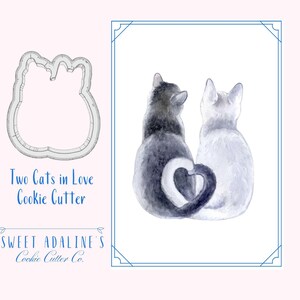 Puede incluir: Cortador de galletas de dos gatos enamorados con una ilustración de acuarela de dos gatos cuyas colas forman un corazón. El texto "Two Cats in Love Cookie Cutter" y "Sweet Adaline's Cookie Cutter Co." también está incluido en la imagen.
