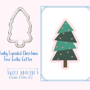 May include: A silver-colored, wonky, Christmas tree cookie cutter next to a colorful illustration of a Christmas tree. The illustration has green layers with pink dots and a brown trunk. Text on the image reads "Wonky Lopsided Christmas Tree Cookie Cutter".