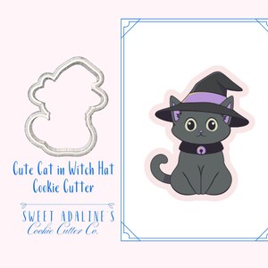 May include: A cookie cutter in the shape of a cat wearing a witch hat. The image also shows a cartoon illustration of the cat in a witch hat. The text reads "Cute Cat in Witch Hat Cookie Cutter" and "Sweet Adaline's Cookie Cutter Co."