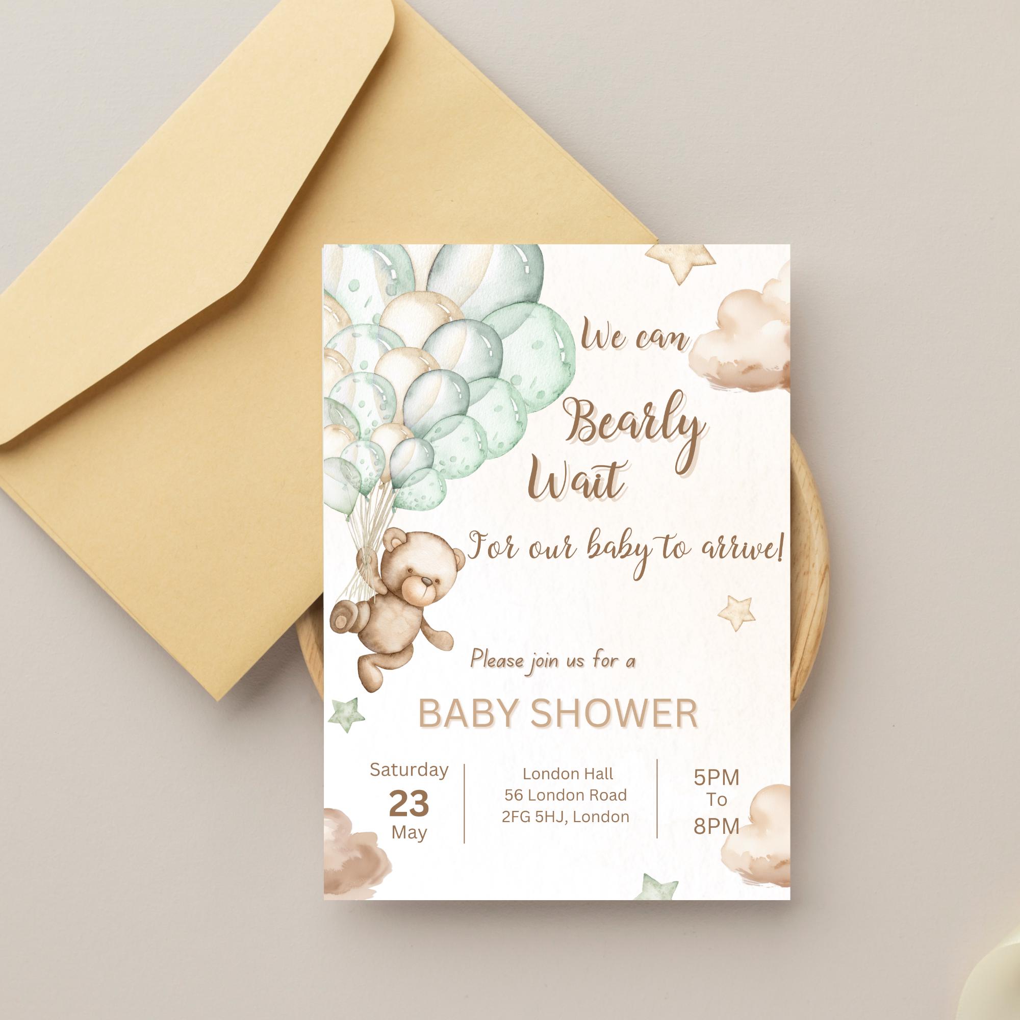 Teddy Bear Whit Balloons Baby Shower Invitation - Editable Digital Template, Printable Baby Shower Invite, Customizable Baby Shower Design