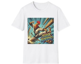 Cluck Norris Unisex Softstyle T-Shirt, Funny Chicken Head Kung Fu Tee, Martial Arts Gi Costume Top, Chuck Norris Parody Shirt, Animal Pun