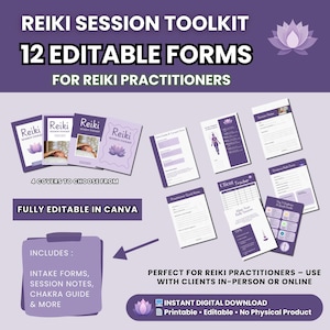 May include: A digital Reiki Session Toolkit with 12 editable forms for Reiki practitioners. The toolkit includes intake forms, session notes, and a chakra guide. The image shows four book covers and various forms, all in shades of purple and white.