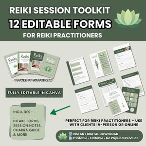 May include: A digital Reiki Session Toolkit with 12 editable forms for Reiki practitioners. Includes intake forms, session notes, and a chakra guide. The toolkit is fully editable in Canva and available as an instant digital download.