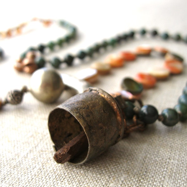 Origin - Boho Long Beaded Statement Necklace - Vintage Antique Elements - Bohemian Layering - Hand Forged Pendant Necklace - Tassel