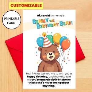 Urso insultuoso cartão de aniversário personalizável e engraçado para impressão, irônico, irreverente, peculiar, humor negro