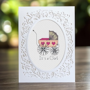 Tarjeta de punto de cruz con cochecito de bebé antiguo