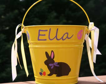 Personalized Easter pail with chocolate Bunny with bow and Easter eggs