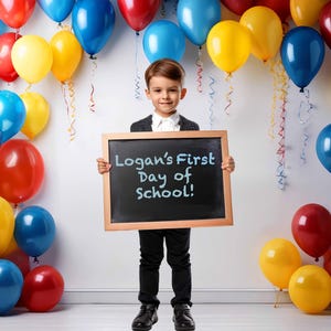 May include: A young boy holds a chalkboard sign that reads "Logan's First Day of School!" The sign is framed in wood. The background is decorated with red, blue, and yellow balloons.