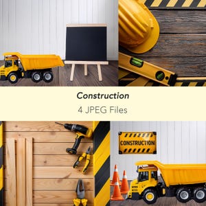 May include: A composite image featuring construction-themed elements. Includes a yellow toy dump truck, a chalkboard on an easel, a yellow hard hat, a level, a drill, pliers, and orange traffic cones. The text "Construction" and "4 JPEG Files" are also present.