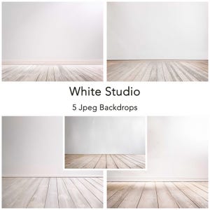 Könnte beinhalten: Ein zusammengesetztes Bild von fünf weißen Studio-Hintergründen. Jeder Hintergrund zeigt eine weiße Wand und einen Holzboden. Der Text "White Studio" und "5 Jpeg Backdrops" ist in der Mitte des Bildes zu sehen.