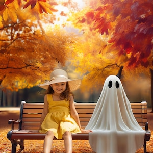 May include: A young person in a yellow dress and a sun hat sits on a park bench next to a ghost figure. The scene is set in a park with trees displaying vibrant autumn colors, creating a festive fall atmosphere.