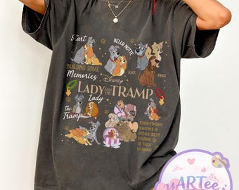 わんわん物語 レトロTシャツ、ディズニー クラシック映画グラフィックTシャツ、1955年創業のわんわん物語シャツ、ヴィンテージスタイルのディズニー 犬好きTシャツ
