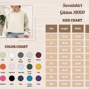 May include: Cream-colored Gildan 18000 sweatshirt with a size and color chart. The size chart shows measurements in inches for sizes S to 5XL. The color chart displays various colors, including white, black, and navy.