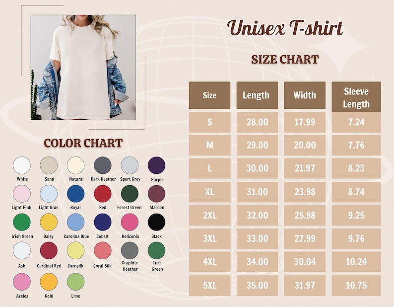 May include: Cream-colored unisex t-shirt with a size chart and color options. The size chart shows measurements in inches for length, width, and sleeve length. Color options include white, sand, and various other colors.