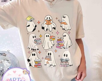 Bookish Ghost-shirt, retro Halloween-leesboekshirt, griezelig seizoen boekenliefhebber cadeau, bibliothecaris ronde hals, Halloween cadeau voor boekenliefhebber