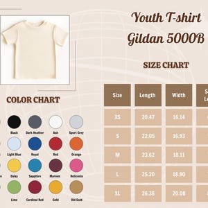 May include: Cream-colored youth t-shirt, part of a color chart with options like black, navy, and red. The image includes a size chart with measurements in inches for sizes XS to XL, and the text "Youth T-shirt Gildan 5000B".