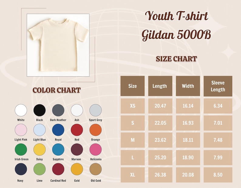 May include: Cream-colored youth t-shirt, part of a color chart with options like black, navy, and red. The image includes a size chart with measurements in inches for sizes XS to XL, and the text "Youth T-shirt Gildan 5000B".