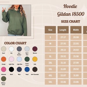 May include: An olive green Gildan 18500 hoodie with a size chart and color chart. The size chart shows measurements in inches for length, width, and sleeve length. The color chart displays various colors, including white, red, and black.
