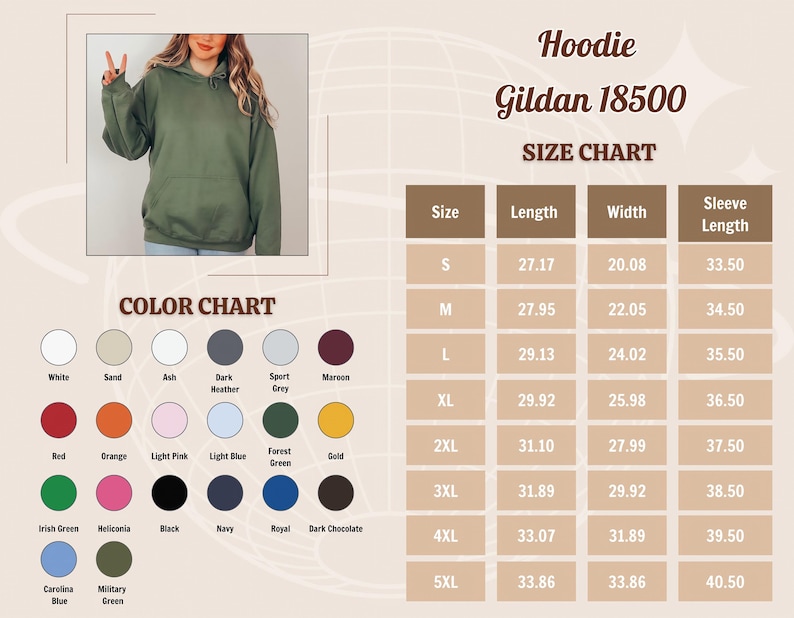 May include: An olive green Gildan 18500 hoodie with a size chart and color chart. The size chart shows measurements in inches for length, width, and sleeve length. The color chart displays various colors, including white, red, and black.
