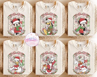 Camiseta navideña de Mickey y sus amigos con colores cómodos, camiseta familiar navideña con personajes retro de Disney, camiseta grupal para viaje a WDW