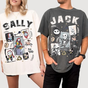 Comfort Colors ジャックとサリー ハロウィン カップル シャツ、ティム・バートンのヴィンテージ ハロウィン Tシャツ、ジャックとサリー パンプキンキングとクイーン カップル ギフト