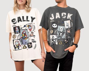Komfortfarben Jack und Sally Halloween Paar Shirt, Tim Burton Vintage Halloween T-Shirt, Jack und Sally Der Kürbiskönig und die Königin Paar Geschenk