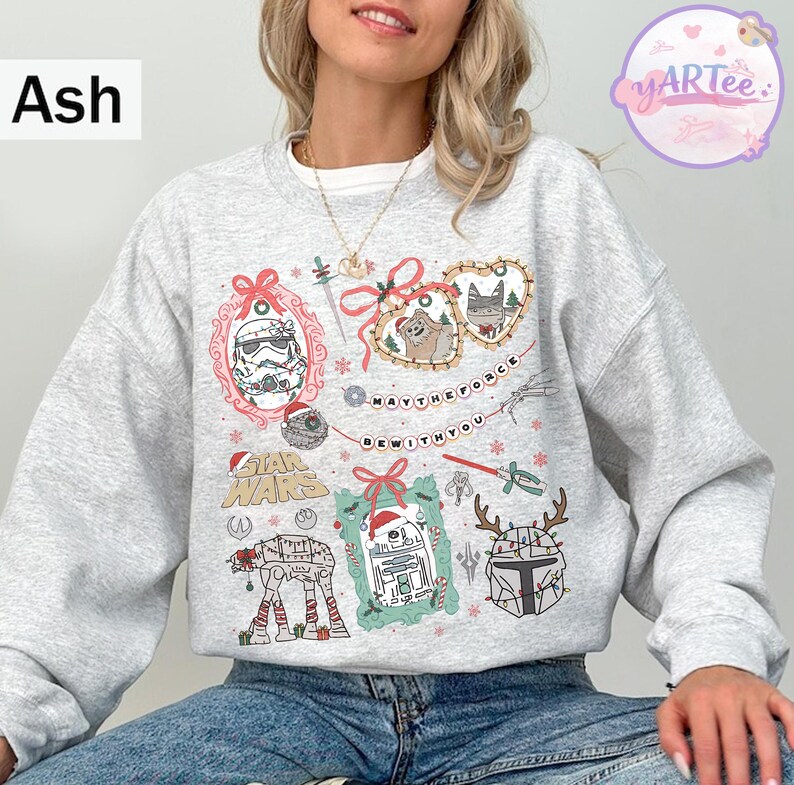 Star Wars Christmas Bows Sweatshirt, Grogu Yoda Disney Holiday Tee, Vintage Star Wars Xmas Light Shirt, Disneyland Christmas Gift image 4