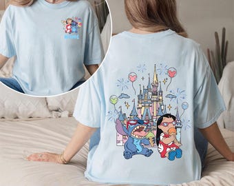 Camiseta Disney de Lilo y Stitch de dos caras, bonita camiseta de viaje al castillo del Reino Mágico, camiseta Disney de Stitch para vacaciones familiares para niños y adultos.