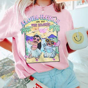 Retro Lilo och Stitch Aloha Hawaii-skjorta, söt Disney Hawaii-semester-t-shirt, tropisk sommarstrand-t-shirt, Disneyland-utflyktsoutfit