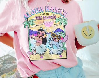 Retro Lilo and Stitch Aloha Hawaii Shirt, Cute Disney Hawaiian Vacation Tee, Tropical Summer Beach T-Shirt, Disneyland Trip Outfit