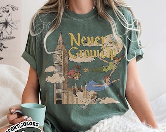 Never Grow Up Disney Peter Pan Shirt, Retro Tinker Bell Wendy Darling Flight Tee, Cute Disney World Family Trip Top