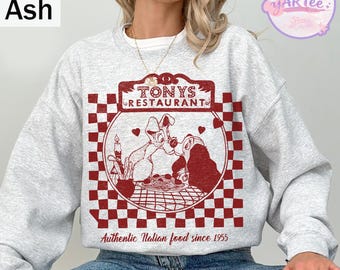 Tony's Restaurant shirt Lady and the Vagebond, vintage Disney Movie Tee, T-shirt spaghettiscène, authentiek Italiaans eten shirt