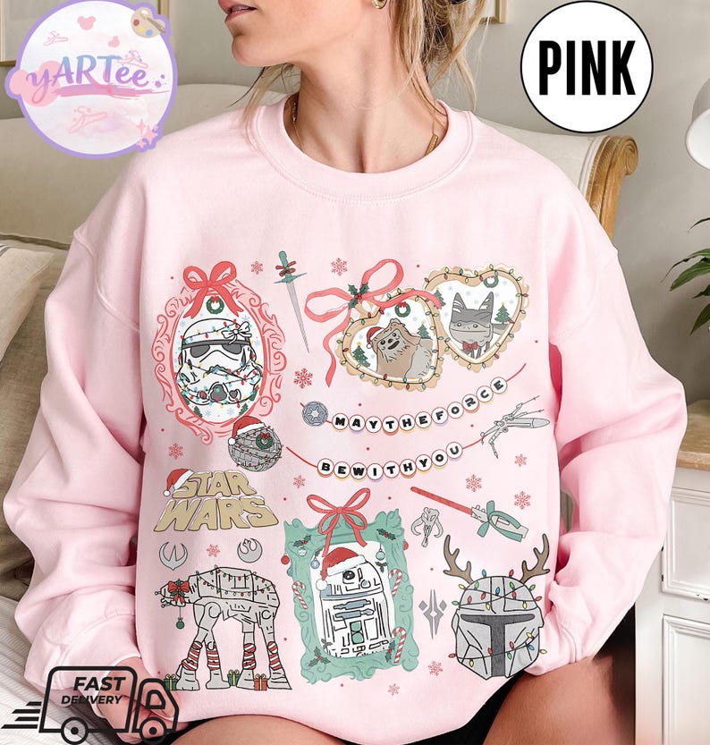 Star Wars Christmas Bows Sweatshirt, Grogu Yoda Disney Holiday Tee, Vintage Star Wars Xmas Light Shirt, Disneyland Christmas Gift image 5