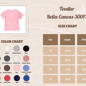 May include: A pink toddler t-shirt, displayed in a product image, with a size and color chart. The chart includes sizes 2T to 5T, and colors like white, black, pink, and navy. The shirt is Bella Canvas 3001T.
