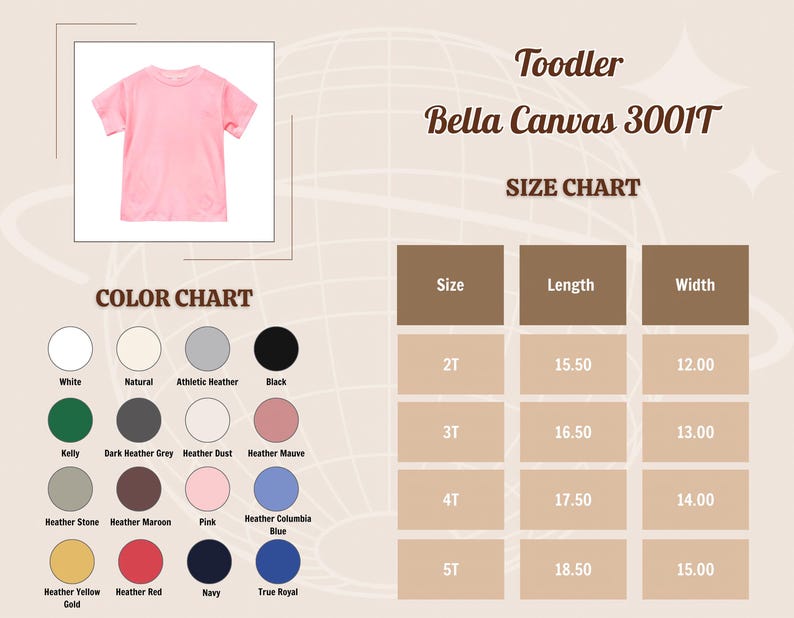 May include: A pink toddler t-shirt, displayed in a product image, with a size and color chart. The chart includes sizes 2T to 5T, and colors like white, black, pink, and navy. The shirt is Bella Canvas 3001T.