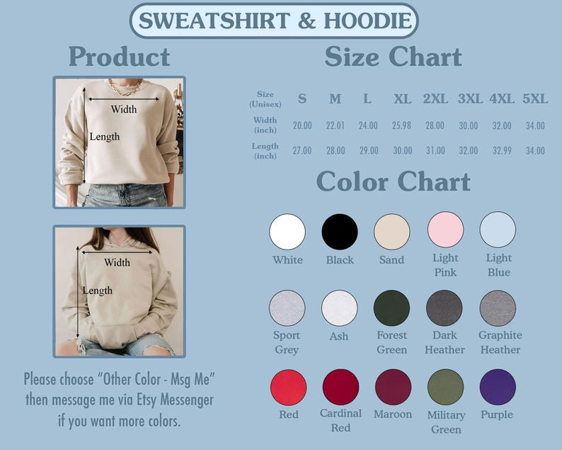 May include: A product image showing a sweatshirt and hoodie size chart and color chart. The size chart lists measurements in inches for sizes S through 5XL. The color chart displays various colors, including white, black, and red. Text on the image says "SWEATSHIRT & HOODIE".