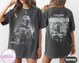 Mandalorian 2 Sided Graphic Shirt, Vintage Washed Star Wars Tee, Grogu Bounty Hunter Top, 90s Style Star Wars Merch,Star Wars Streetwear Tee