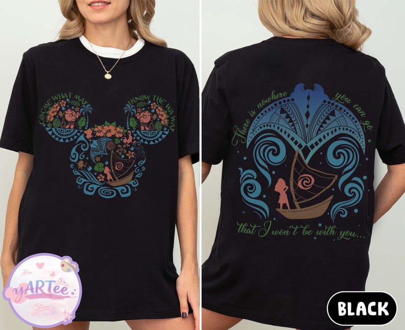 May include: Black t-shirt with a white collar featuring a colorful graphic of a boat and floral design in the shape of Mickey Mouse ears. The back of the shirt has a matching design with text that reads "There is nowhere you can go that I won't be with you..."