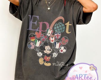 Shirt Mickey-ballonnen Epcot World Showcase, vintage Disney Epcot 1982-T-shirt, Mickey Flag-ballonnen grafisch shirt, Disney World vakantie-topje