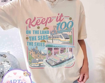 ディズニーの乗り物Tシャツ「Keep It 100」、ヴィンテージモノレールボートバスTシャツ、「On The Land Seas Skies」ディズニーワールドTシャツ、レトロなパークファンへのギフト