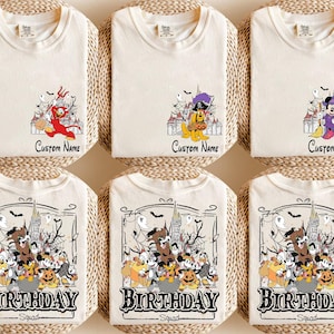 Camiseta de aniversário de Halloween da Disney Mickey e seus amigos, camiseta com nome personalizado da família, camiseta de aniversário do Mickey não tão assustador para meninos e meninas