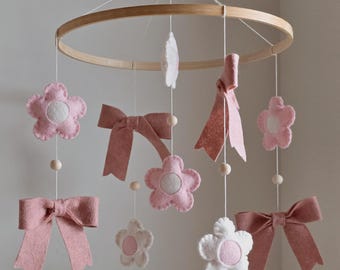 Pink Baby Mobile, Girl Nursery Decor, Felt Baby Mobile, Dusty Pink & Cotton Candy Crib Mobile, Bow Nursery Decor, Daisy Flower Mobile, Baby