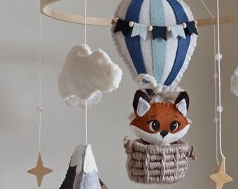 Hot Air Balloon Fox Mobile, Wool Felt Baby Mobile, Handstitched Nursery Decor, Woodland Nursery, Mountain Baby Mobile, Heirloom Baby Gift