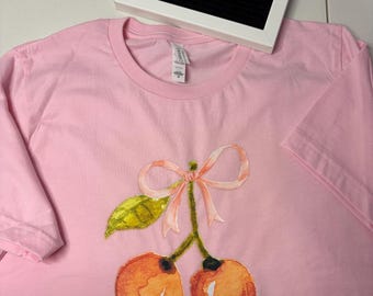 Pink CherryT-Shirt - Watercolor with Coquette Bow